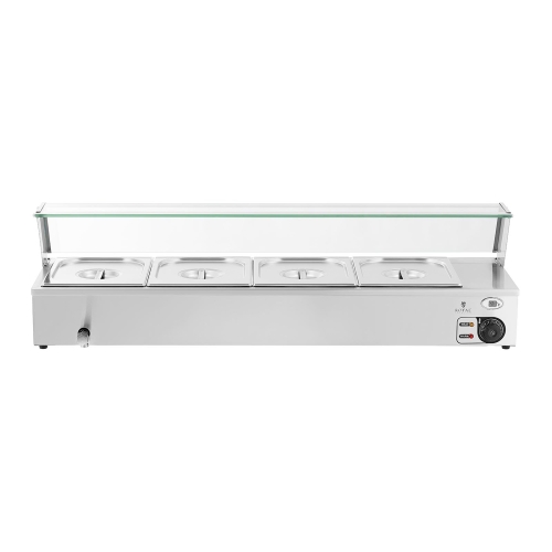 Bain marie ételmelegítő - 2000W - 4GN 1/2 - Leeresztő csap - Üvegburkolat