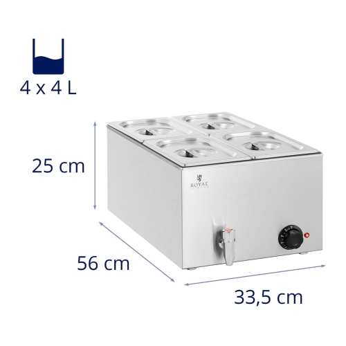 Bain marie ételmelegítő - 600 W - 4 GN 1/4 - leeresztő csap