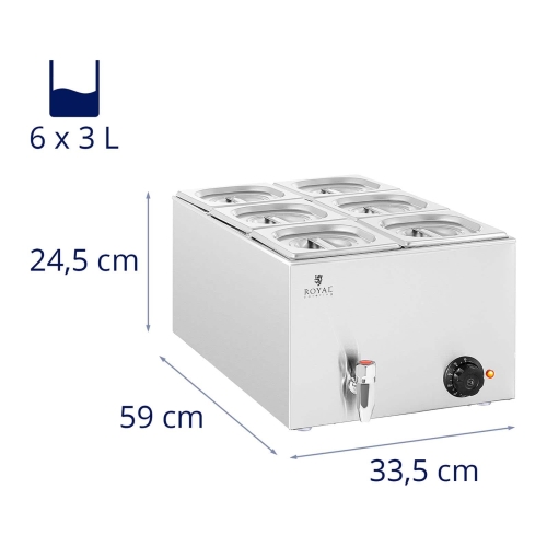 Bain marie ételmelegítő - 600 W - 6 GN 1/6 - leeresztő csap